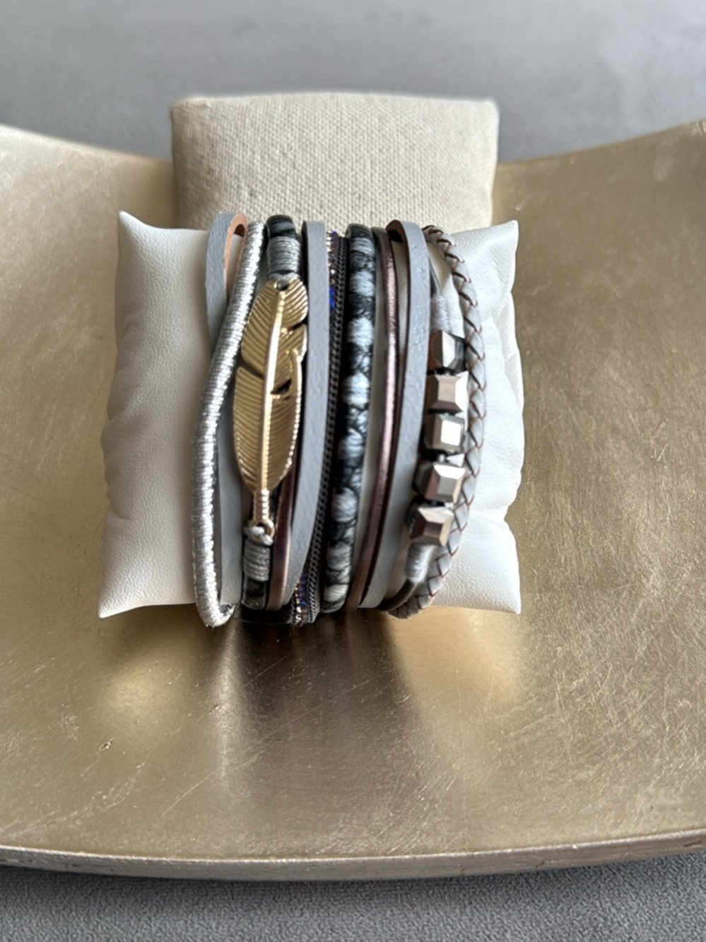 Chunky Layered Feather Wrap Bracelet - Gray Matte Gold Hematite Magnetic Closure